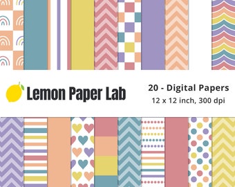 Pastel Rainbow Digital Paper, Solid, Rainbows, Stripe, Heart, Check, Chevron & Polka Dot Seamless Patterns,  Papers, Pastel Bloom Collection