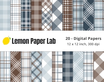 Blue Plaid Digital Paper, Blue, Brown, Blue Grey & White Plaid Patterns, Blue and Brown Plaid Scrapbook Papers, Earthly Elegance Collection