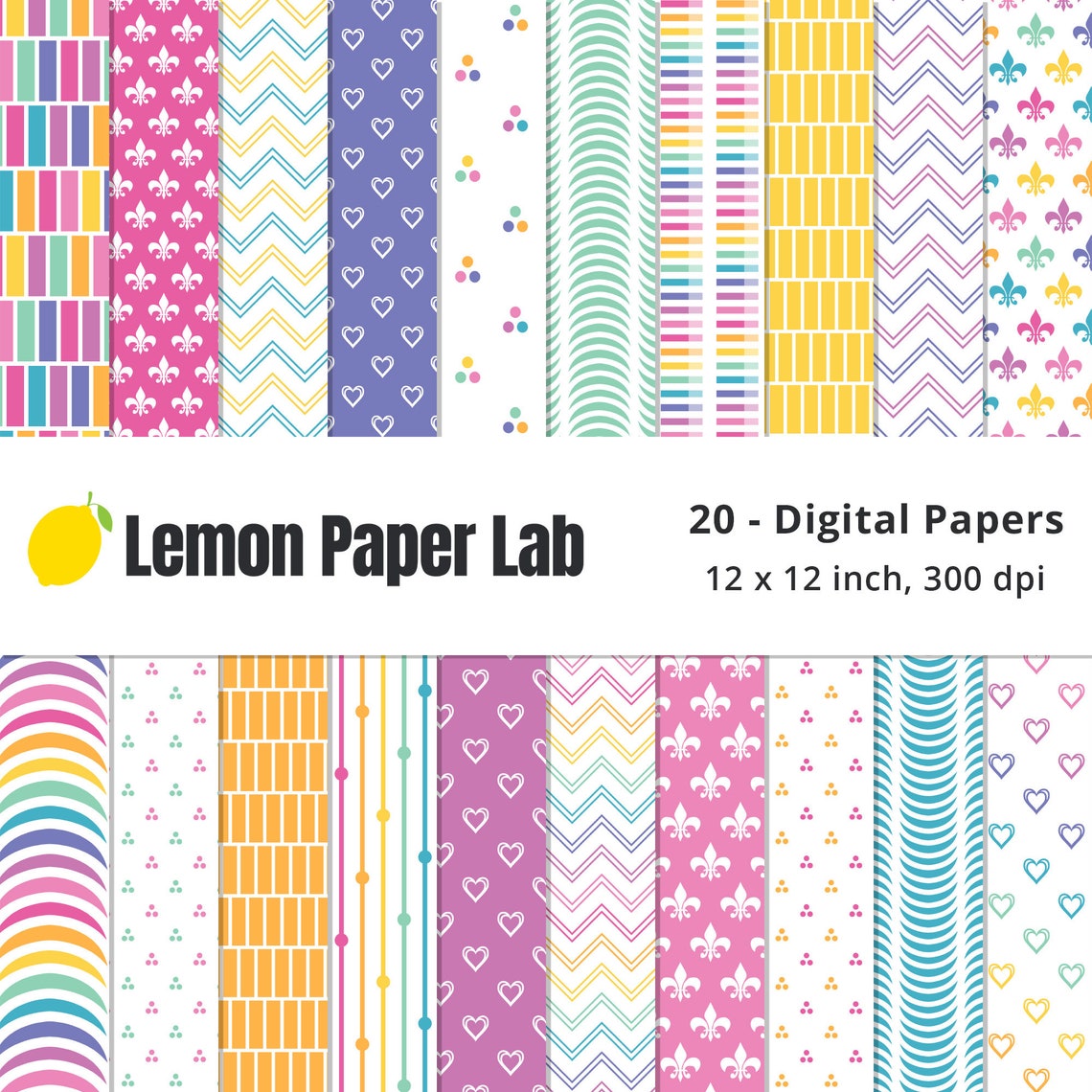 Bright Rainbow Printable Paper, Rainbow Digital Paper, Stripe Lines, Polka Dot, Fleur De Lis ...