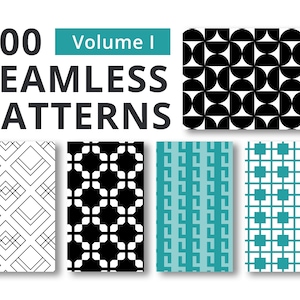 May include: A set of four seamless patterns, each with a different geometric design. The patterns are in black and white, and teal and white. The text "100 Seamless Patterns" and "Volume I" is at the top of the image.