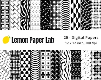 Black and White Geometric Papers, Unique Geometric Digital Paper, Black and White Seamless Digital Paper, Black & White Scrapbook Paper, JPG