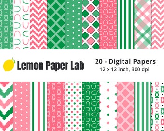May include: Twenty digital papers in pink and green patterns. The patterns include stripes, polka dots, chevron, and geometric designs. The papers are 12 x 12 inches and 300 dpi.