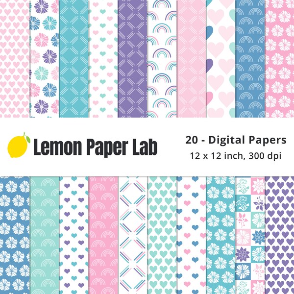 Geometric Pastel Digital Paper, Pink, Light Pink, Purple, Teal, Mint Green, Blue & White, Heart, Flower, Rainbow, Mermaid Rainbow Collection