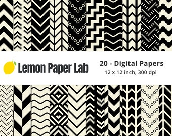 Black and Off White Digital Paper, Black and Cream Patterns, Black & White Digital Papers, Chevron Pattern, Seamless Geometric Background