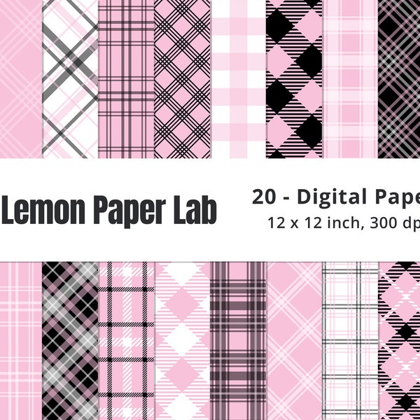 Light Pink Plaid Digital Paper, Pink and Black Plaid Background, Pink and White Gingham, Pink Plaid Background, Baby Girl Invitations