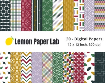 Autumn Geometric Digital Paper, Red and Green Scrapbook Paper, Purple & Yellow Digital Background, Seamless File, Autumn Vibrance Collection