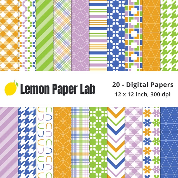 Blue and Orange Pattern, Geometric Digital Paper, Plaid Pattern, Blue, Green, Yellow, & Purple Digital Paper, Scrapbooks, Harmony Collection