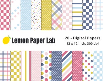 Checkered Digital Paper, Pink, Blue, Purple and Yellow Patterns, Seamless, Polka Dot, Stripe, Check & Plaid Papers, Pastel Dreams Collection