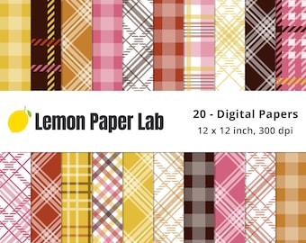 Autumn Plaid Digital Paper, Pink, Yellow, Red, Brown & Gold Plaid Papers, Ochre Plaid Pattern, Seamless Plaid, Autumn Elegance Collection
