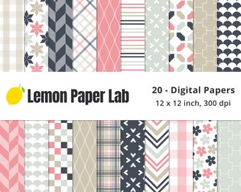 Pink and Beige Digital Papers, Pink & Tan Geometric Patterns, Black and Grey Backgrounds, Silver Scrapbook Paper, Polished Chic Collection