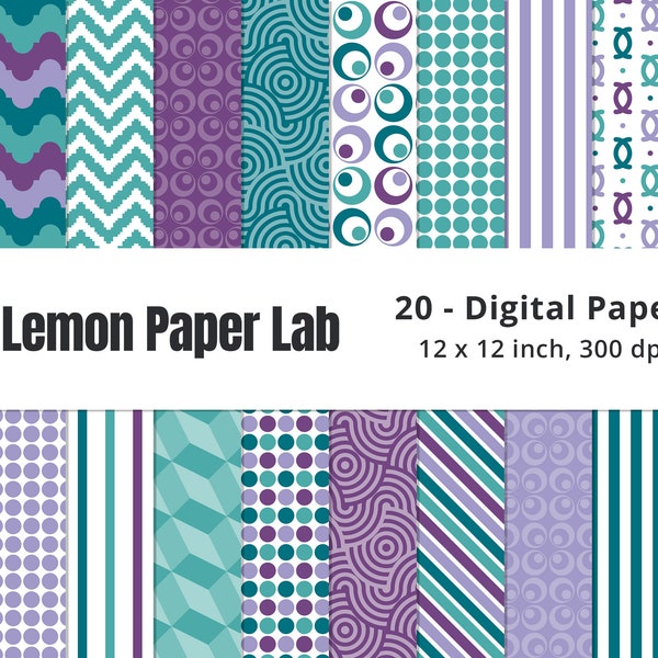 Purple & Teal Digital Paper, Purple Background, Teal Green Background, Green Geometric Pattern, Purple Geometric Backgrounds, Retro Patterns
