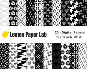 Black & White Digital Paper, Digital Backgrounds, Modern, Abstract, Geometric, Greek Key, Heart, Rainbow, Diamond and Flower Patterns, Jpeg
