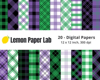 Seamless Halloween Plaid Digital Paper, Purple Plaid Background, Green Plaid Pattern, Halloween Backgrounds, Printable Plaid Pattern, Plaids