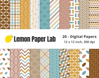 Retro Geometric Digital Paper, Blue, Brown, Tan, Terracotta & Yellow Patterns, Pink and Beige Geometric Papers, JPEG, Retro Charm Collection