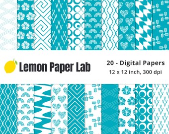 Turquoise Geometric Designs, Seamless Blue & White Digital Paper, Printable Geometric Pattern, Digital Backgrounds, Beach Colors Collection