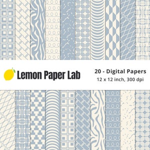 Niebieskie i beżowe papiery cyfrowe, stonowane niebieskie wzory geometryczne, bezszwowy neutralny papier, wyjątkowe tła geometryczne, kolekcja kolorów boho