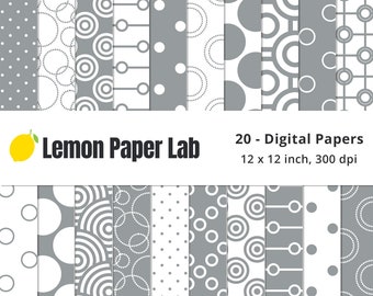 Grey Seamless Prints, Grey Polka Dot Digital Papers, Gray Background Seamless, Gray & White Geometric Digital Paper, Classy Chic Collection