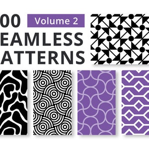 May include: A set of 100 seamless patterns, volume 2. The image shows six examples of the patterns, including black and white geometric designs, a black and white abstract pattern, and purple geometric patterns.