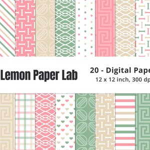 Roze en groen papier, beige patroon, roze achtergrond, groen digitaal papier, afdrukbaar papier, naadloze patronen, scrapbooking, plakboekpapier