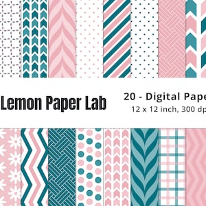 Pink and Teal Floral Digital Paper Patterns and Backgrounds for Scrapbooking with Commercial Use