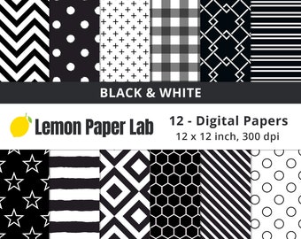 Black and White Digital Paper for Scrapbooking, Digital Background, Stripe, Chevron, Polka Dot, Gingham Plaid, & Geometric Papers, Printable