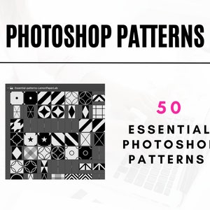 May include: A collection of 50 black and white geometric patterns in a Photoshop window. The patterns are arranged in a grid and are ready to be used in design projects.