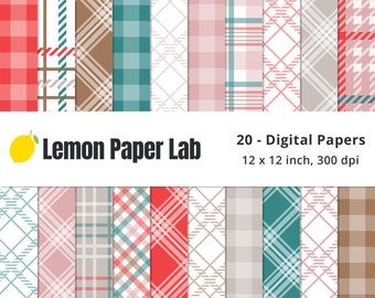 Christmas Plaid Digital Paper Seamless, Red, Green, Pink and Brown Plaid Papers, Plaid Designs, Digital Download, Pink Christmas Collection