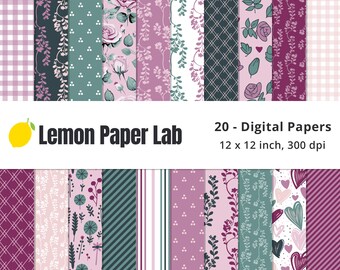 Pink and Green Digital Paper, Flower and Heart Patterns, Blush, Rose, Mauve, Teal, Sage Green & Magenta Paper, Floral Elegance Collection