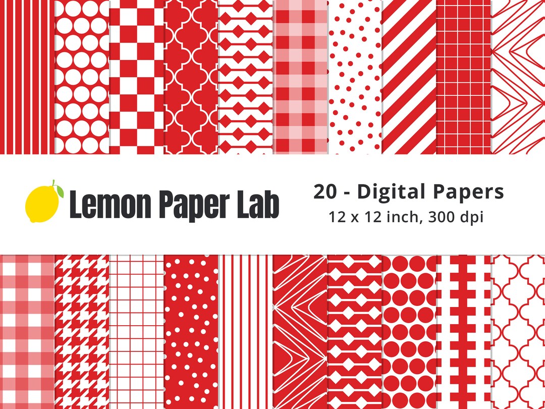 Red Digital Paper, Red & White Background, Red Patterns, Red Check, Red Stripes, Red Gingham ...