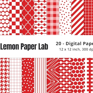 Red Digital Paper, Red & White Background, Red Patterns, Red Check, Red Stripes, Red Gingham, Red Graph, Scrapbook Paper, Seamless Pattern