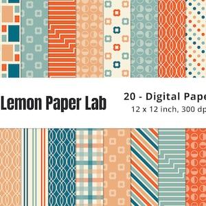 May include: Twenty digital papers in a variety of geometric patterns, including stripes, polka dots, and chevrons. The papers are in shades of orange, blue, and cream. The papers are 12 x 12 inches and 300 dpi.