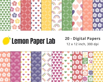 Rainbow Digital Paper, Flower, Heart, Rainbows & Geometric Patterns, Rainbow Digital Scrapbook Paper, Printable, Spring Rainbow Collection