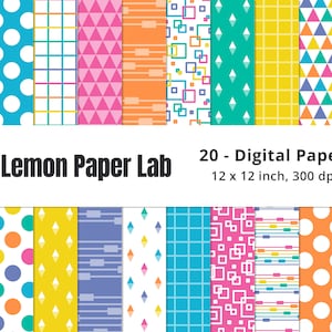 Op de afbeelding: Twintig digitale papierontwerpen in verschillende kleuren en patronen, waaronder stippen, strepen, geometrische vormen en verlopen. De papieren zijn 30,48 cm x 30,48 cm groot en hebben een resolutie van 300 dpi.