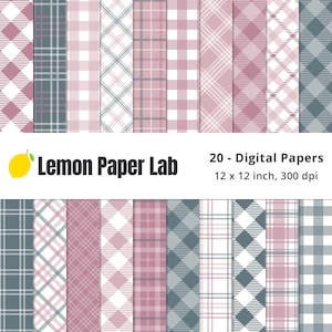 Pink & Grey Plaid Digital Paper, Pink Plaid Patterns, Plaid Seamless Files, Repeat Pattern, Printable Papers, Jpeg, Blossom Grace Collection