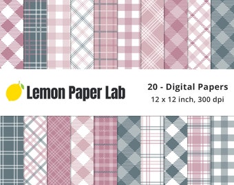 Pink & Grey Plaid Digital Paper, Pink Plaid Patterns, Plaid Seamless Files, Repeat Pattern, Printable Papers, Jpeg, Blossom Grace Collection