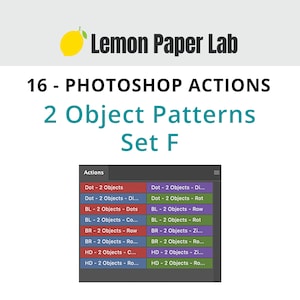 May include: A screenshot of a computer screen showing a list of 16 Photoshop actions for creating 2 object patterns. The actions are organized into two columns, with the names of the actions listed in a purple box. The actions are named "Dot - 2 Objects", "Dot - 2 Objects - Di...", "BL - 2 Objects - Dots", "BL - 2 Objects - Co...", "BR - 2 Objects - Row", "BR - 2 Objects - Ro...", "HD - 2 Objects - C...", "HD - 2 Objects - Ro...", "Dot - 2 Objects - Di...", "Dot - 2 Objects - Rot", "BL - 2 Objects - Row", "BL - 2 Objects - Rot", "BR - 2 Objects - Zi...", "BR - 2 Objects - Ro...", "HD - 2 Objects - Zi...", and "HD - 2 Objects - Ro..."
