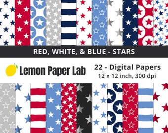 4th of July Digital Paper - Red, White and Blue Stars, Seamless Patterns, Great For Independence Day, Memorial Day, and Fourth of July, Jpg