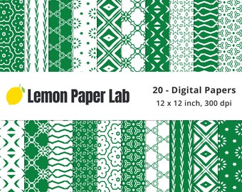 Green Geometric Digital Paper, Green and White Scrapbook Papers, Seamless Geometric Paper, Digital Background, Christmas Rainbow Collection