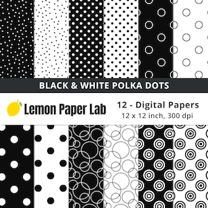 Papier numérique à pois noirs et blancs pour scrapbooking, fabrication de cartes, arrière-plans et bordures d’invitation, papier noir et blanc, sans couture