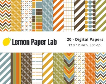 Earth Tones Digital Papers, Diagonal Stripe Pattern, Chevron Paper, Orange, Green, Brown, Blue & Yellow Patterns, Garden Blooms Collection