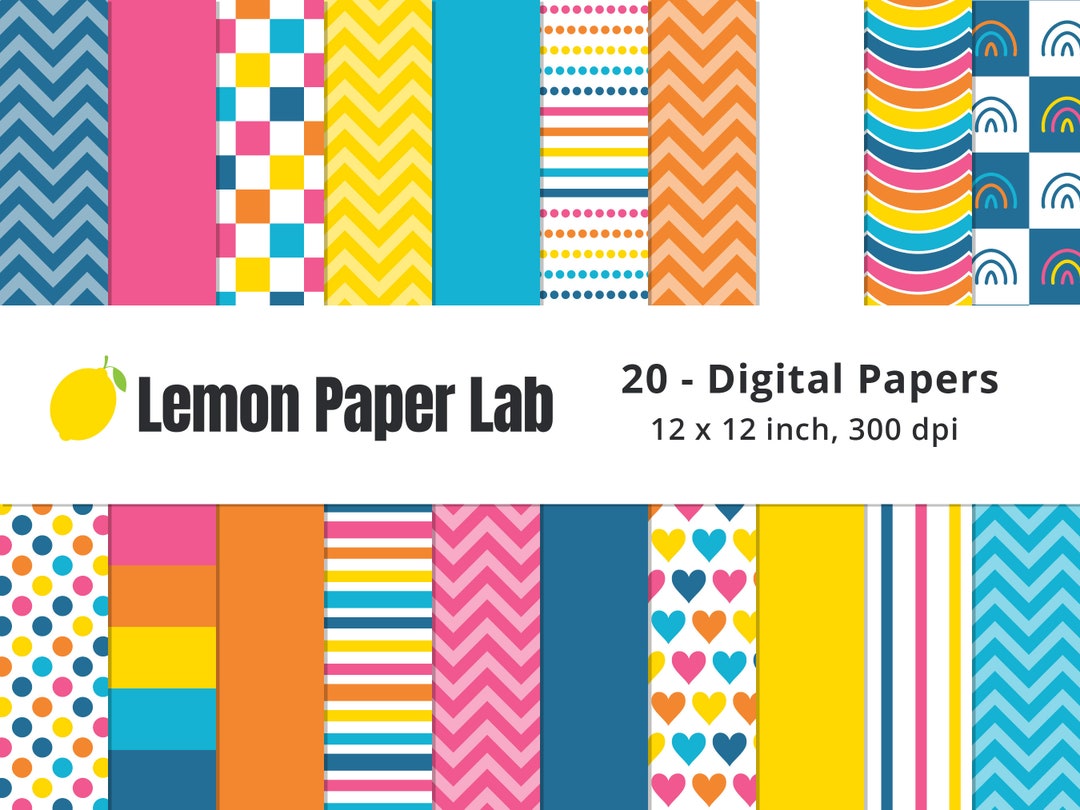 Bright Summer Digital Papers, Rainbow Paper, Pink Background, Blue ...