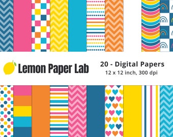 May include: Set of 20 digital papers in various colours and patterns, including polka dots, stripes, chevron, hearts, and rainbows. The papers are 12 x 12 inches and 300 dpi. Lemon Paper Lab.