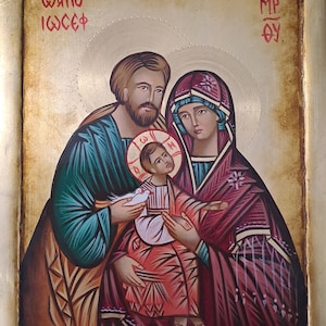Icon of the Holy Family with Doves hand painted on wood with ancient Byzantine technique