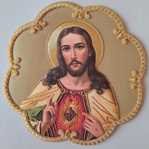 Sacred Heart of Jesus icon hand embroidered with gold thread