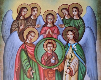 Sacred Icon the Seven Archangels hand painted on wood orthodox technique