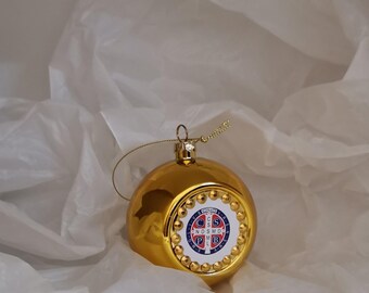 Gold Christmas Ball with Saint Benedict Medal