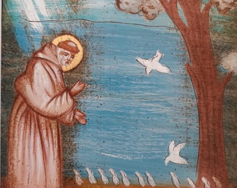 Sacred icon of Saint Francis of Assisi hand painted on wood
