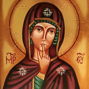 Sacred icon of Our Lady of Silence hand painted on wood