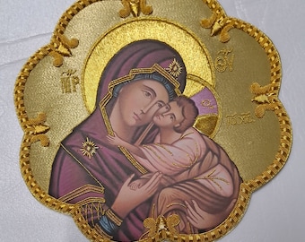 Icon of Our Lady of Tenderness hand embroidered with gold thread