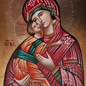 Holy Byzantine icon of Our Lady of Tenderness hand painted on wood.